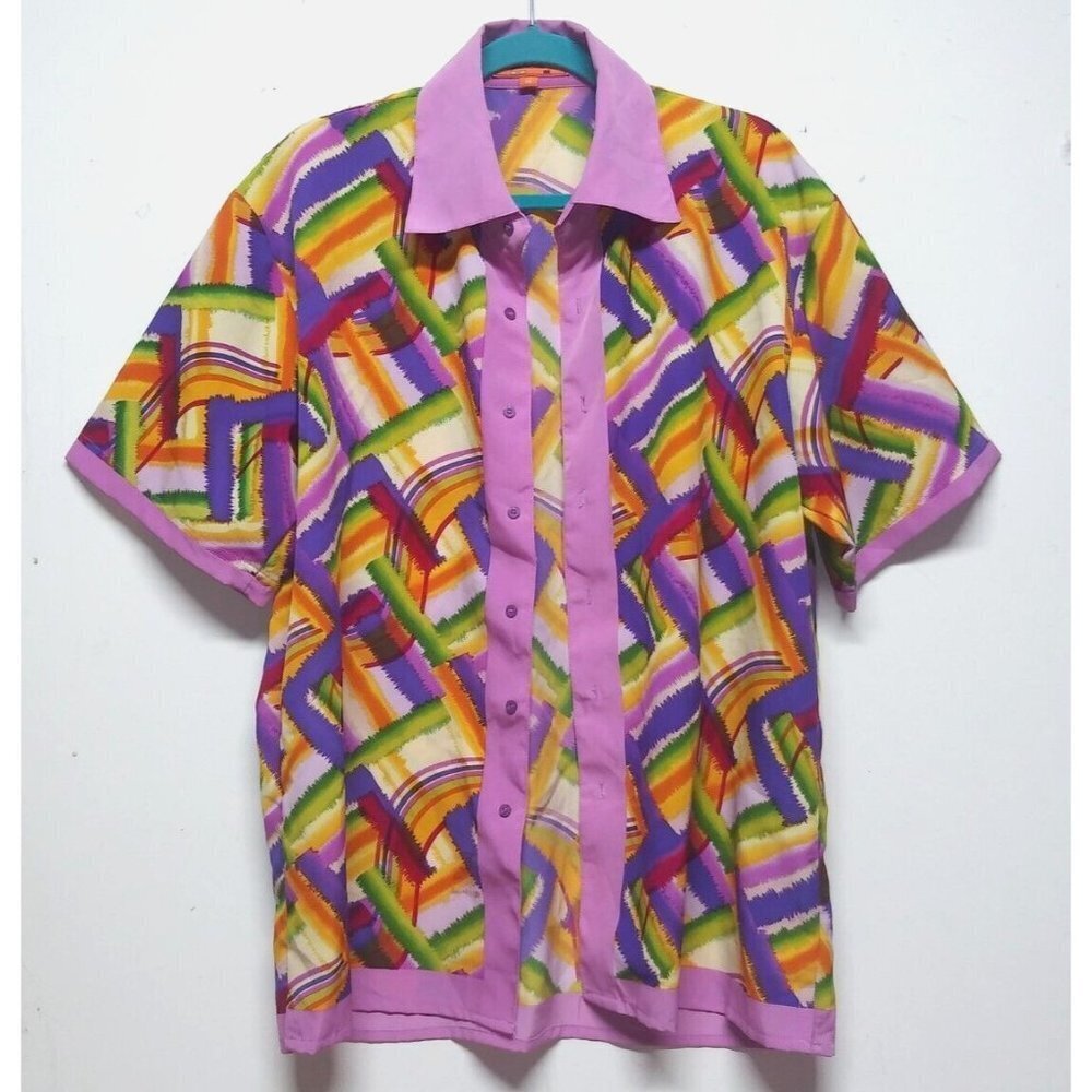 VTG Mens shirt Multicolor Boho ARTSY Button up collar Sz M abstract PRESTIGE euc